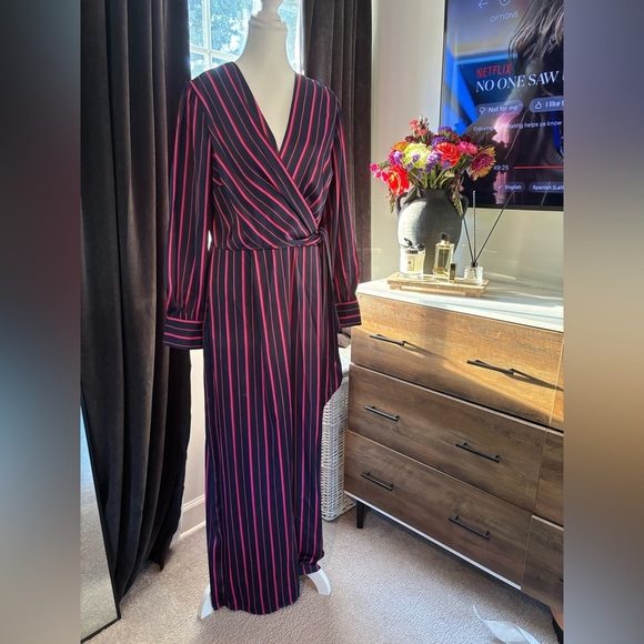 Maggy London Pants - Striped Long Sleeve Wrap Jumpsuit